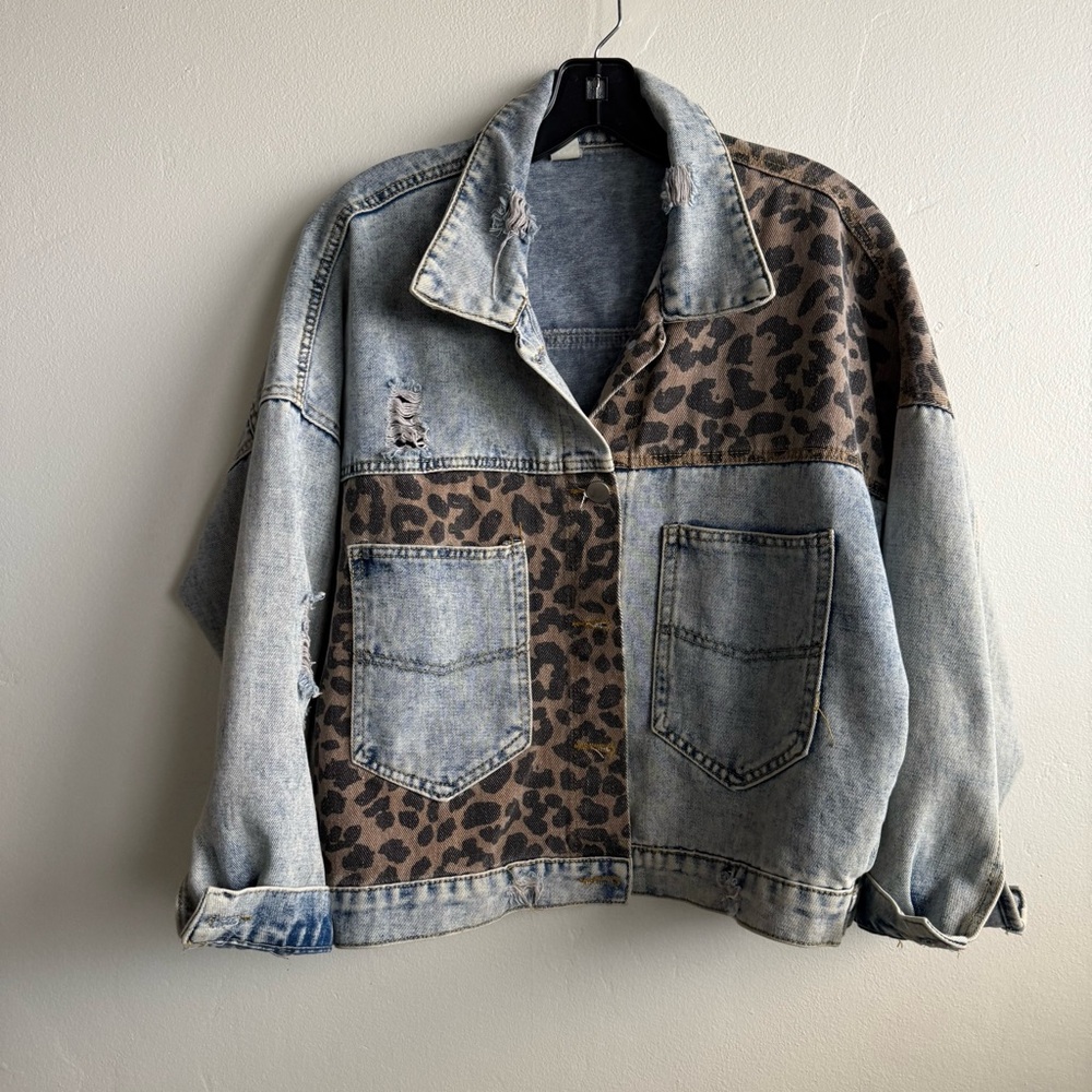 Denim Jean Jacket Distressed Leopard Long Sleeve Ripped - Small